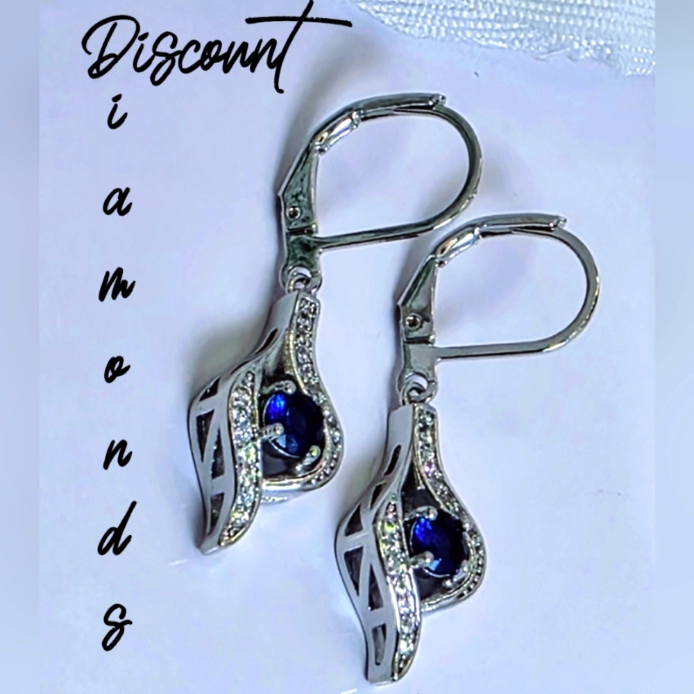 Dainty Blue & White Baguette Diamond Leverback Dangle Earrings 925 Silver
